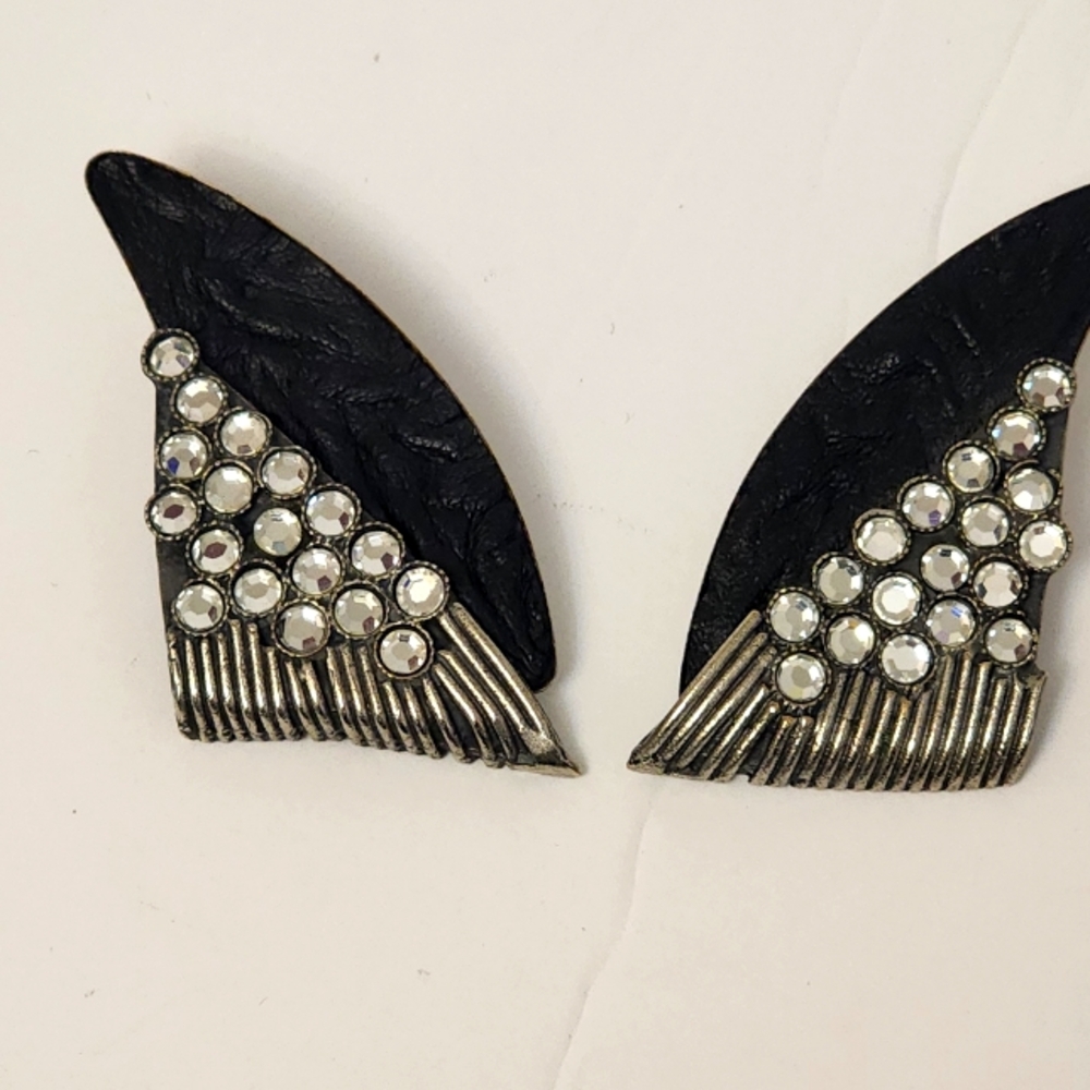 Briglia Triangular Black and Silver Rhinestone Clip on Earrings Long 5cm Tall